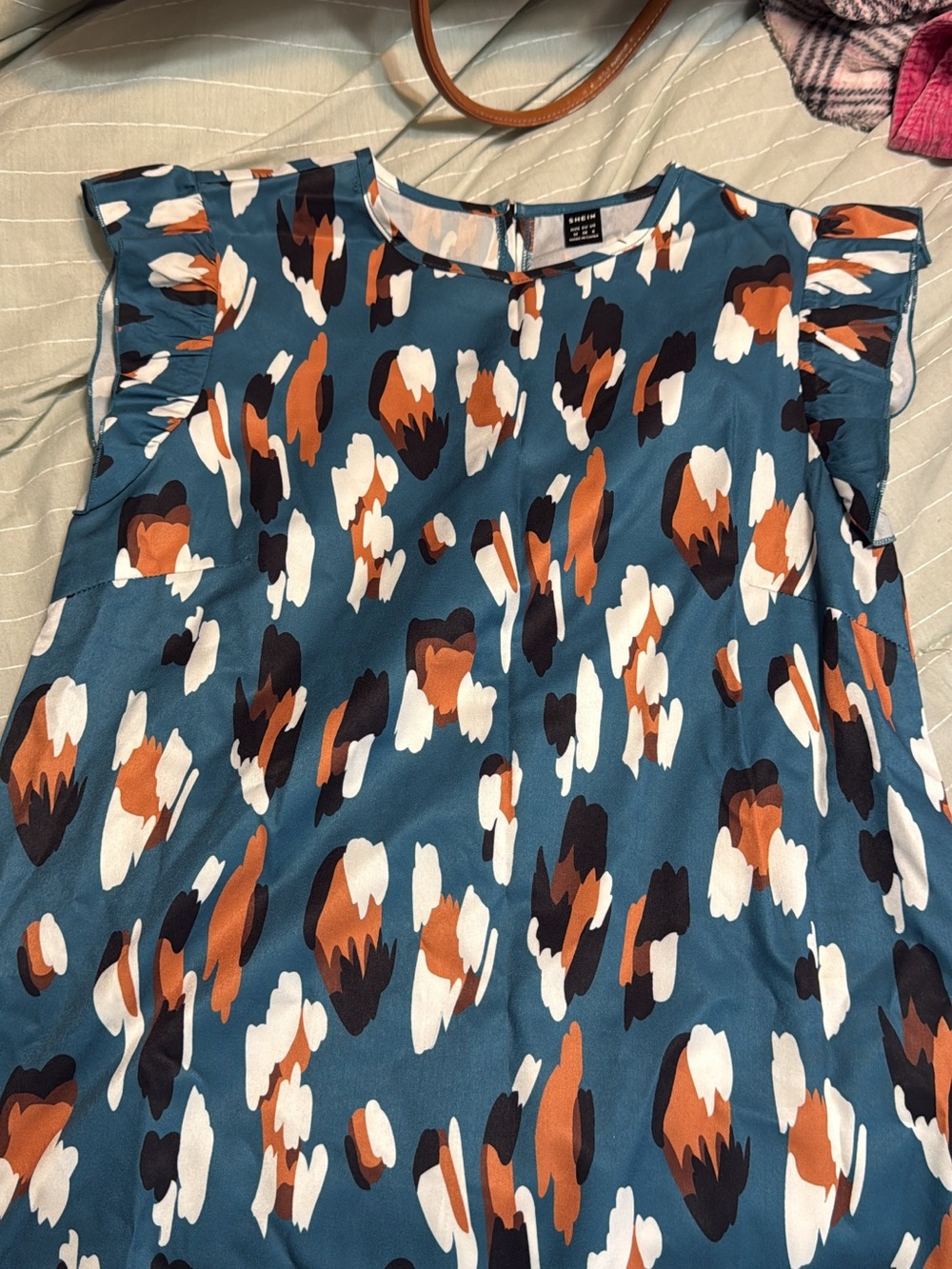 SHEIN Teal Multicolor Abstract Flutter Sleeve Blouse
